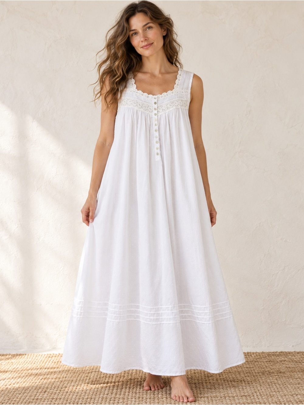 Eileen West White Swiss Dot Lace Cotton Blend Nightgown Maxi Dress L
